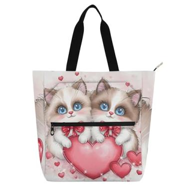 Imagem de Linda bolsa de lona com zíper de corações de gatos siameses para mulheres, crianças, adolescentes, escola, trabalho, viagem, viagem