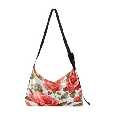 Imagem de Ornamento geométrico colorido com bolsa tiracolo vegana estilizada, bolsa tiracolo transversal, bolsa feminina grande, Flor estilo aquarela com rosa vermelha - 2, One Size