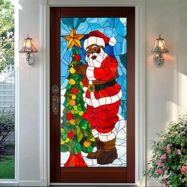Imagem de HOMETITUTE Película de Natal vertical para janela de Papai Noel estilo vitral decorativo para janela de privacidade para casa, sala de estar, escritório, 48 x 100 cm