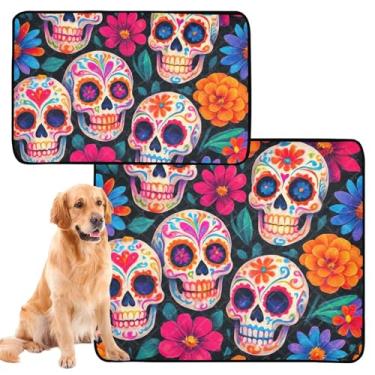 Imagem de TSENQUE Almofadas coloridas de caveiras e flores reutilizáveis para animais de estimação e gatos, lavável, tapete impermeável para cães, à prova de vazamento, almofadas de penico para cães, pacote com