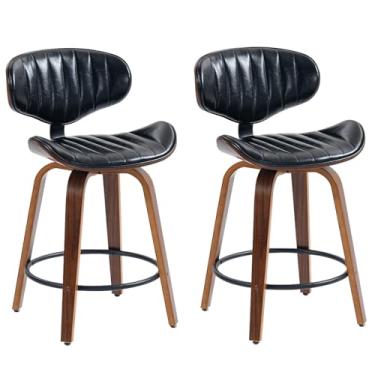 Imagem de CHIDOCHILO Conjunto de 2 bancos de bar de couro de poliuretano de 61 cm, bancos de bar giratórios de madeira com altura para balcão moderno de café da manhã com encosto e apoio para os pés para ilha