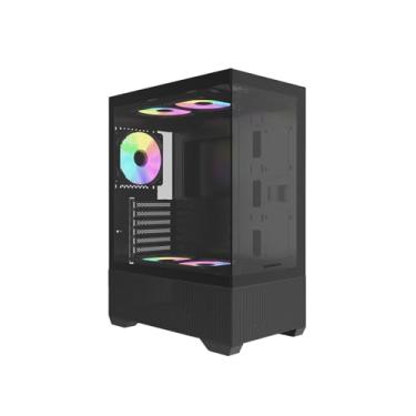 Imagem de Raidmax I802 Caixa de torre média ATX panorâmica compacta de fluxo de ar de malha – vidro temperado com visão de 270°, 5x ventiladores estáticos RGB coloridos de 120 mm pré-instalados, suporta