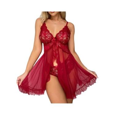 Imagem de Conjunto De Pijamas Com Camisola De Renda Transparente Vermelha E Calc