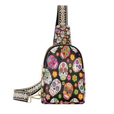Imagem de CEBUGI Bolsa tiracolo feminina Sugar Skulls pequena de couro, pochete transversal para trilhas, viagens ao ar livre