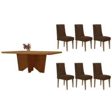 Imagem de Sala Jantar Mesa Nevada Tampo Curvo 180cm+6 Cadeiras Pietá Madeira Naturale - Capuccino/Suede Marrom - Rufato