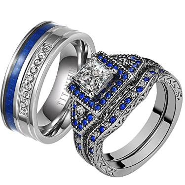 Imagem de ringheart 2 anéis de casal para ele e ela banhados a ouro branco corte princesa CZ conjuntos de alianças de casamento femininas azul aço titânio masculino alianças de casamento, women size8 & men