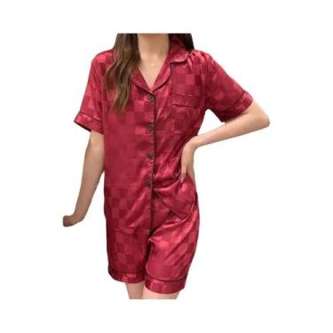 Imagem de Conjunto De Pijama Feminino De Seda Gelada Jacquard Com Manga Curta, C