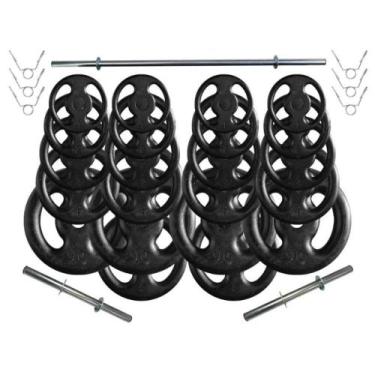Imagem de Kit com 90 Kg de Anilhas Ferro Fundido + Barras de Supino e Halteres -
