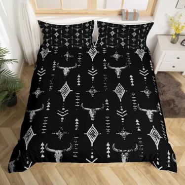 Imagem de Erosebridal Capa de edredom Queen com caveira de touro, boêmia étnica, boêmia e cabeça de vaca, capa de edredom para homens, chifres tribais, preto, prata, decoração de quarto, geométrico, arte
