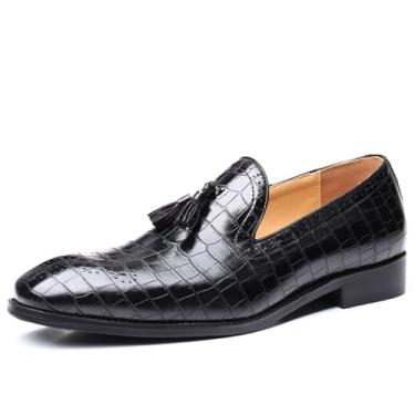 Imagem de Sapato social masculino estilo britânico sem cadarço de couro clássico esculpido formal sapatos de negócios mocassim com borla, Preto, 38 BR