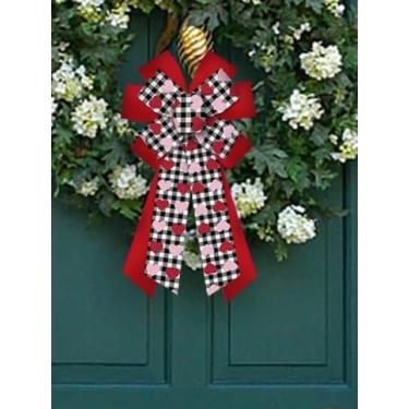 Imagem de Grandes laços de dia dos namorados para guirlanda, laços de coração dos namorados, preto, vermelho, buffalo, xadrez, casamento, fazenda, arcos de árvore, ornamentos para porta da frente, decoração de
