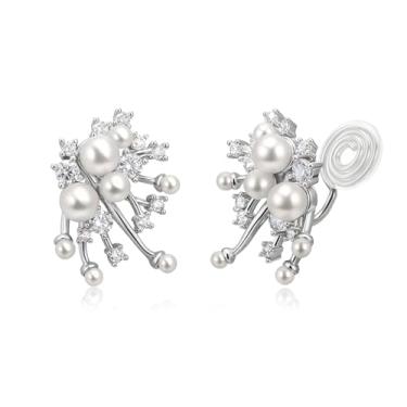 Imagem de EleQueen Brincos femininos delicados de flor de zircônia cúbica, joia moderna floral de pérola sintética para aniversário/casamento/ocasiões formais, Zircônia cúbica Pérola sintética, Zircônia cúbica