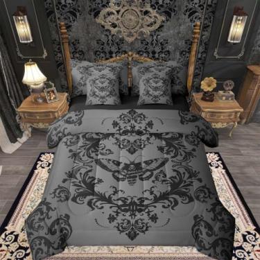 Imagem de Feelyou Conjunto de edredom para adultos, preto, cinza, vintage, damasco, floral, Queen, com 7 peças, decoração de quarto de microfibra macia