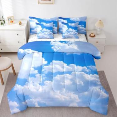 Imagem de Erosebridal Jogo de cama kawaii com céu azul e nuvens brancas, solteiro, para decoração de quarto de meninos, meninas, adolescentes, conjunto de lençol de microfibra macia