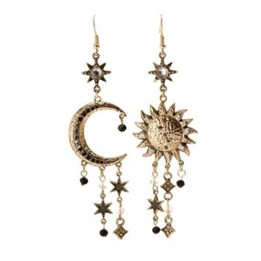 Imagem de E EMZHOLE Brincos femininos vintage com pingente de sol e lua estrela, brincos assimétricos, estilo étnico, joia boho vintage para mulheres
