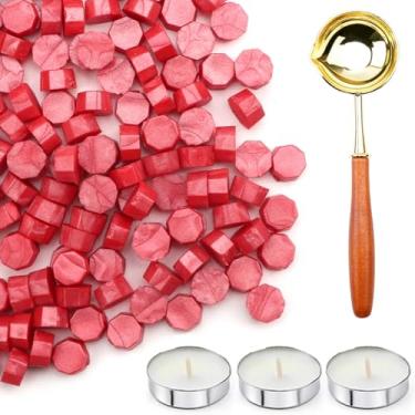 Imagem de Conjunto de 200 peças de contas de lacre de cera com colher de derretimento antiderrapante e velas, grânulos de cera vermelha de flor de cerejeira ótimo para selos, convites de casamento, presente de