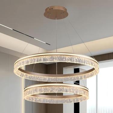 Imagem de Lustre moderno em formato de anel, com acabamento em acrílico escovado, ideal para sala de jantar. Luminária de teto redonda para sala de estar e quarto. LED dimerizável com controle remoto.