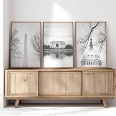 Imagem de 3 peças Washington Dc Prints pôsteres preto e branco Ca-pitol Building Prints imagens de arte de parede para sala de estar, quarto, casa de fazenda, decoração com moldura interna de madeira