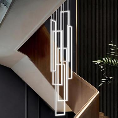 Imagem de Lustre moderno de 6 anéis LED preto, grande, retangular, para escadas, com intensidade regulável, para tetos altos, com controle remoto, ideal para iluminação de tetos em hotéis, restaurante