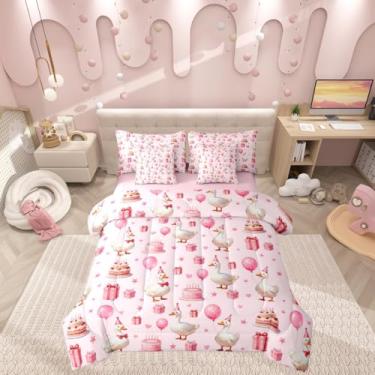 Imagem de Castle Fairy Jogo de cama casal fofo de pato com desenho animado de balão rosa para crianças, meninas, presente de bolo de aniversário, rosa, 1 cama macia em um saco com edredom, lençóis, fronhas para