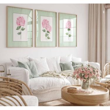 Imagem de Conjunto de 3 peças de arte de parede de hortênsia rosa e verde, estampa floral, pintura em tela, arte emoldurada para quarto, sala de estar, decoração de escritório em casa com moldura interna
