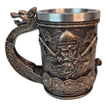 Imagem de Caneca Medieval Artesanal Viking Geek 3D em Resina Copo em Aço Inox Gr