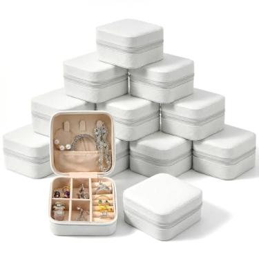 Imagem de Lemecima Caixa de joias branca, 12 peças, conjunto organizador de joias com fecho de zíper, mini estojo portátil de armazenamento de viagem para anéis, brincos, colares, acessórios (10 x 10 x 4 cm)