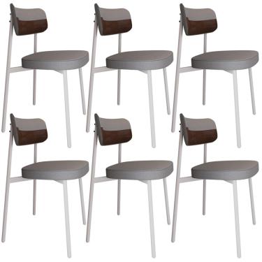 Imagem de Kit 06 Cadeiras Estofada Para Sala de Jantar Astrid Branco C01 Linho Cinza Courino Whisky - Lyam Decor