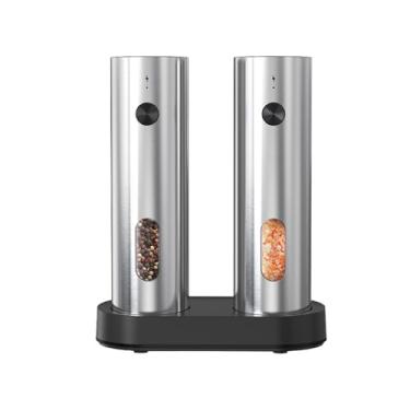 Imagem de JFX Conjunto elétrico de moedor de sal e pimenta, saleiro e pimenteiro recarregável, aço inoxidável, com base de carregamento duplo USB C, grande capacidade, luz LED, grossura ajustável para cozinha