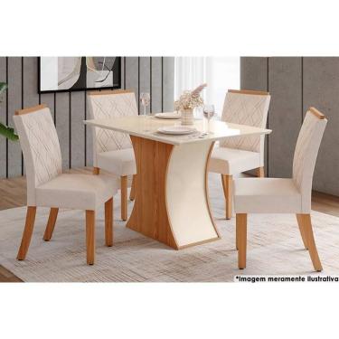 Imagem de Sala de Jantar Completa Luiza Tampo Reto Madeirado c/Vidro 120x90cm e 4 Cadeiras Vita Nature/Veludo Light Linho - Henn