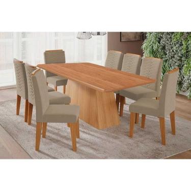 Imagem de Conjunto: Mesa Sala Jantar Helena Tampo Madeirado 210x100cm E 8 Cadeiras Clarice Cinamomo - Carvalho-linho Bege - Cimol