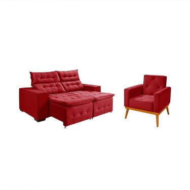 Imagem de Kit Sofá Bari Retrátil Reclinável 1,90m Pillow + Poltrona Florença Espuma Premium - Vermelho Veludo