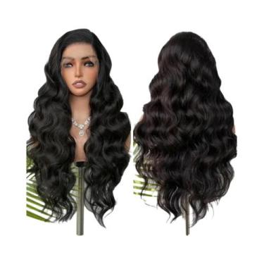 Imagem de Peruca Sintética Longa De 32 Polegadas Com Ondas Soltas Pretas E Renda