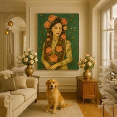 Imagem de Quadro Canvas Mulher Ruiva Vintage Flores 40X30 Mold Preta - Quadros O