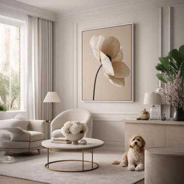 Imagem de Quadro Canvas Neutro Flor Bege 90X60Cm Mold Branca - Quadros On-Line