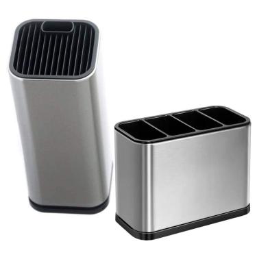 Imagem de Kit Cepo Suporte De Facas E Escorredor Porta Talheres Inox