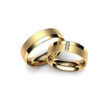 Imagem de Anel Aliança Noivado e Casamento Ouro 18 Kilates 3 Pedras Brilahntes A