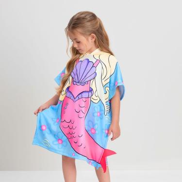 Imagem de Roupão Poncho de Praia Infantil com Capuz Sereia Azul Cool Up Baby