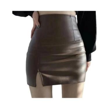 Imagem de Saia Mini De Couro PU Preta Para Mulheres, Cintura Alta, Fenda Lateral