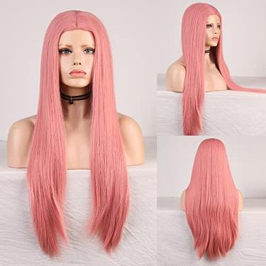 Imagem de Perucas femininas sintéticas afro crespo cor laranja ondulado natural peruca longa para mulheres negras e brancas cabelo de fibra de alta temperatura Perucas de cabelo humano (cor: rosa liso, comprimento esticado: 66 cm)