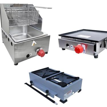 Imagem de Kit Lanchonete Fogão Portátil 2 Bocas + Chapa 30cm e Fritadeira Profissional 1 Cuba Alcamar