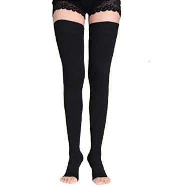Imagem de PPXGOGO Meias de compressão até a coxa masculinas e femininas, suporte firme de compressão gradiente de 20 a 30 mmHg com faixa de silicone, meias de compressão abertas para médicos, edema, varizes