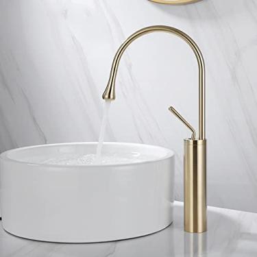 Imagem de Torneira de lavatório estilo gota escovado latão torneiras de banheiro quente e frio torneiras 360 giratórias em cascata arte guindaste, ouro escovado alto