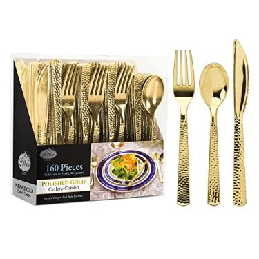 Imagem de 160 peças de talheres de plástico dourado, talheres descartáveis extra pesados, talheres de plástico pesado – Inclui 80 garfos, 40 colheres, 40 facas