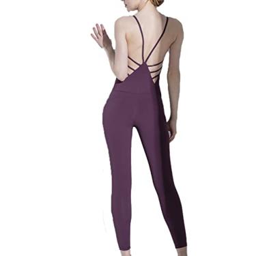 Imagem de Yajun Roupa de treino Conjuntos de macacões de ioga femininos para academia fitness agasalhos de uma peça body sem costas para levantar o bumbum, roxo, G (63 kg)