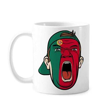 Imagem de Bandeira de Portugal máscara facial cabeça gritando caneca cerâmica café porcelana copo talheres