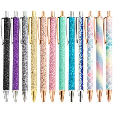 Imagem de Oddmoal Caneta esferográfica divertida brilhante para mulheres, lindas canetas de metal brilhantes, caneta retrátil multicolorida para diário e escola, tinta preta, 12 unidades (cores mistas)