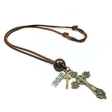 Imagem de Cordão Colar Masculino Couro Legítimo + Pingente Crucifixo