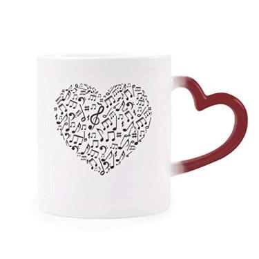 Imagem de Caneca com textura de papel, notas musicais, sensível ao calor, caneca vermelha que muda de cor