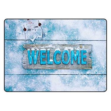 Imagem de ColourLife Capacho Inverno Bem-vindo com boneco de neve azul-petróleo, leve, antiderrapante, tapete de entrada para ambientes internos e externos, para banheiro, cozinha, entrada 91 x 61 cm